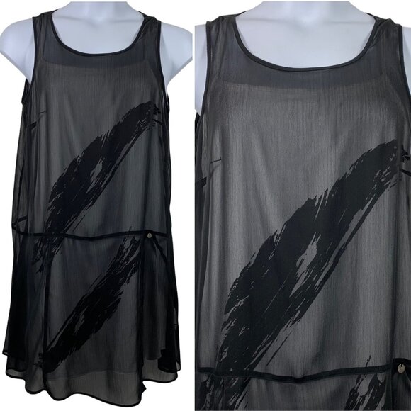 Mado Et Les Autres 44 Dress Sleeveless Black White Layered Feather Graphic Sheer - Picture 1 of 9